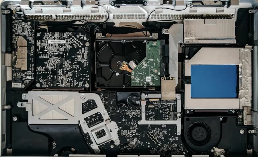 A laptop opened from beneath, showing its logic board, drive bay and cooling assembly.
