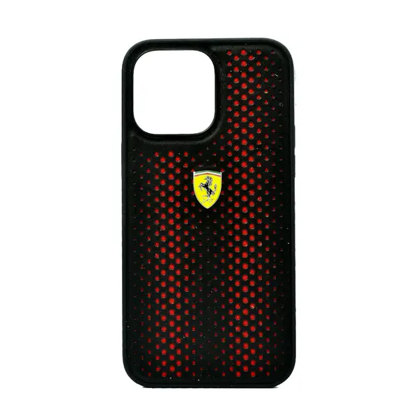 Ferrari Pu Leather Perforated Case With Nylon Base Yellow Shield Logo For iPhone 14 Pro Max