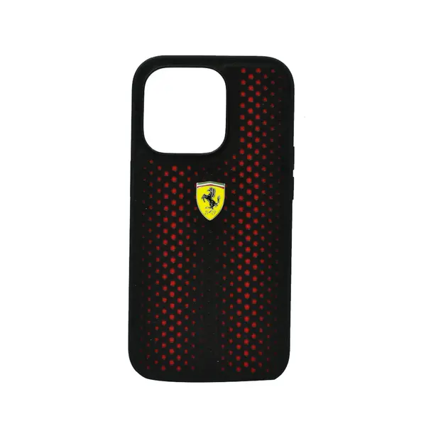 Ferrari Pu Leather Perforated Case With Nylon Base Yellow Shield Logo For iPhone 14 Pro