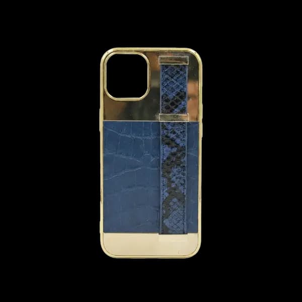 Gold Frame Croco Leather Back Grip Case iPhone 14 Blue
