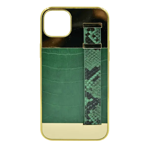 Gold Frame Croco Leather Back Grip Case iPhone 14 Plus Green