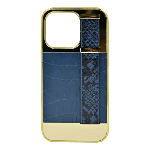 Gold Frame Croco Leather Back Grip Case iPhone 14 Pro Blue