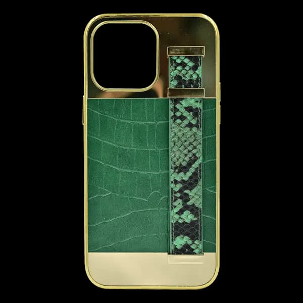 Gold Frame Croco Leather Back Grip Case iPhone 14 Pro Max Green
