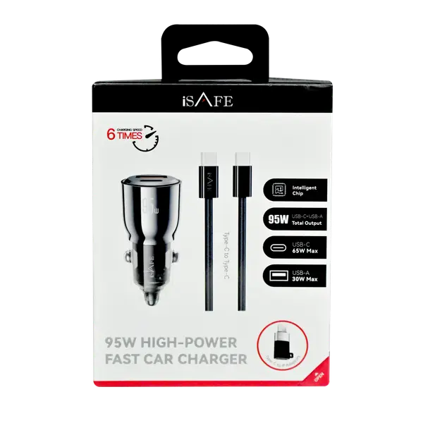 iSAFE 95W Fast Car Charger With Type C To Type C Cable + OTG Adapter