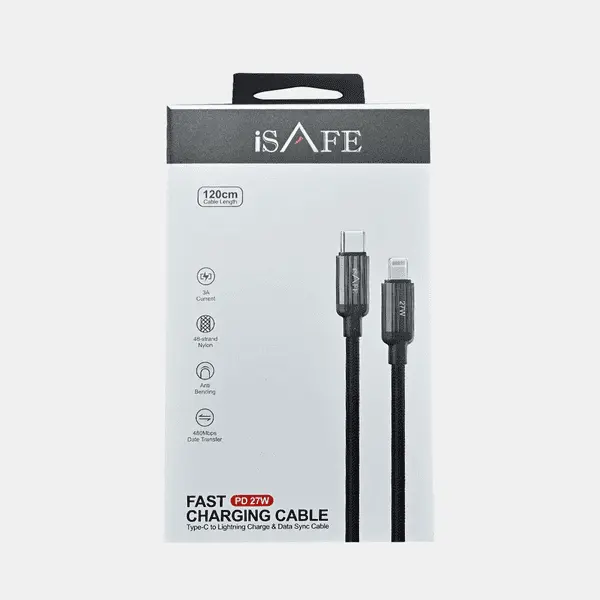 iSAFE Woven Nylon Braided Cable Type C To Lightning Black