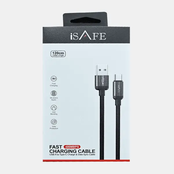 iSAFE Woven Nylon Braided Cable USB To Type C Black