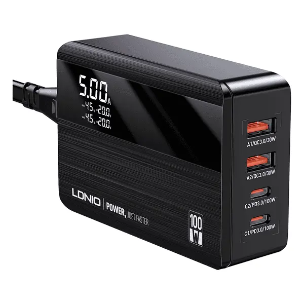 Ldnio 100W Gan Home Charger Q408 With Replacable Plug And Type C To Type C Cable Black