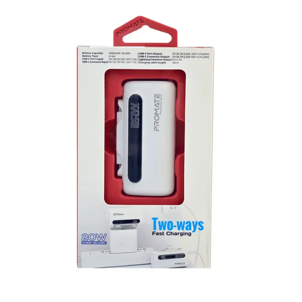 Promate Powerup Duo Ultra Compact Fast Charging Powerbank 5000MAH White