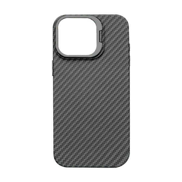 X Fitted Silk Screen Design Carbon Fiber Case With Kick Stand For iPhone 16 Pro Max Black